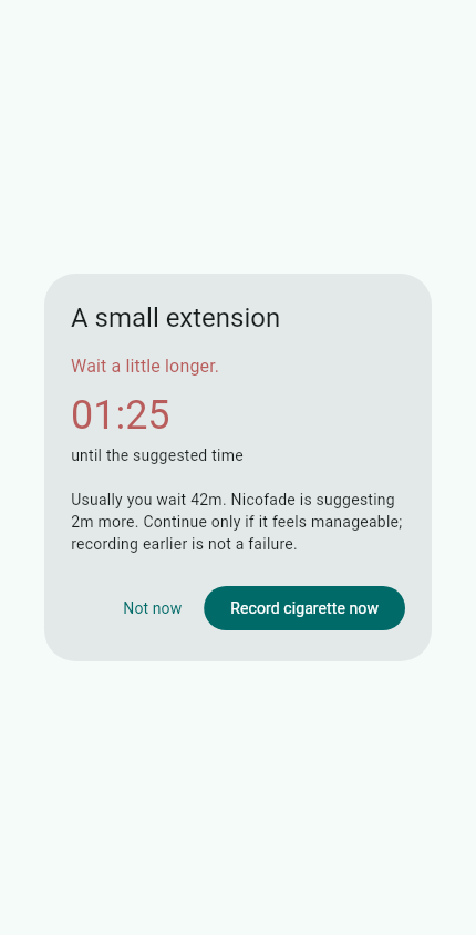 Nicofade screen with a dialog for logging a cigarette and its time